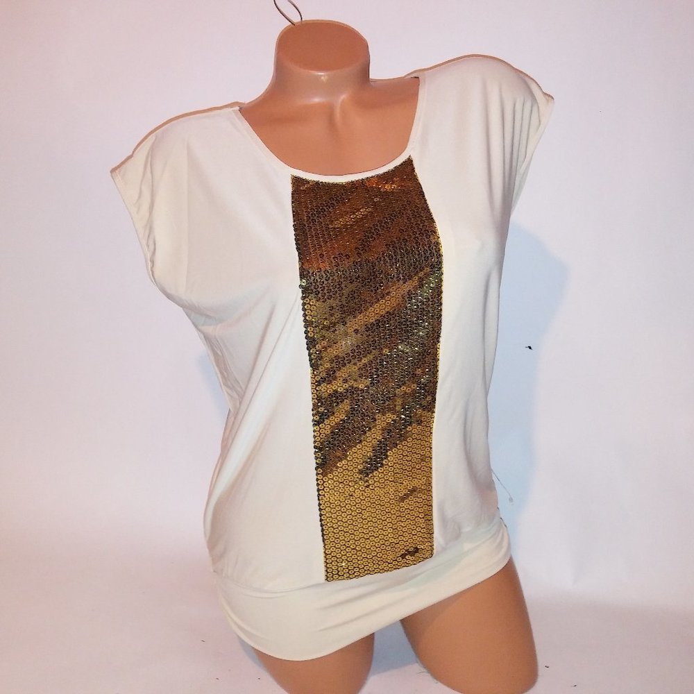 Jon & Anna Blouse Tank Top Womens Cream & Gold Sequin Bling Solid Holiday Stretc